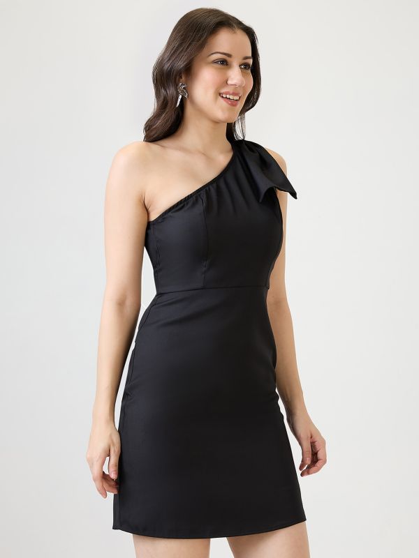 Globus Women Black One Shoulder Bow Detail Sheath Mini Party Dress