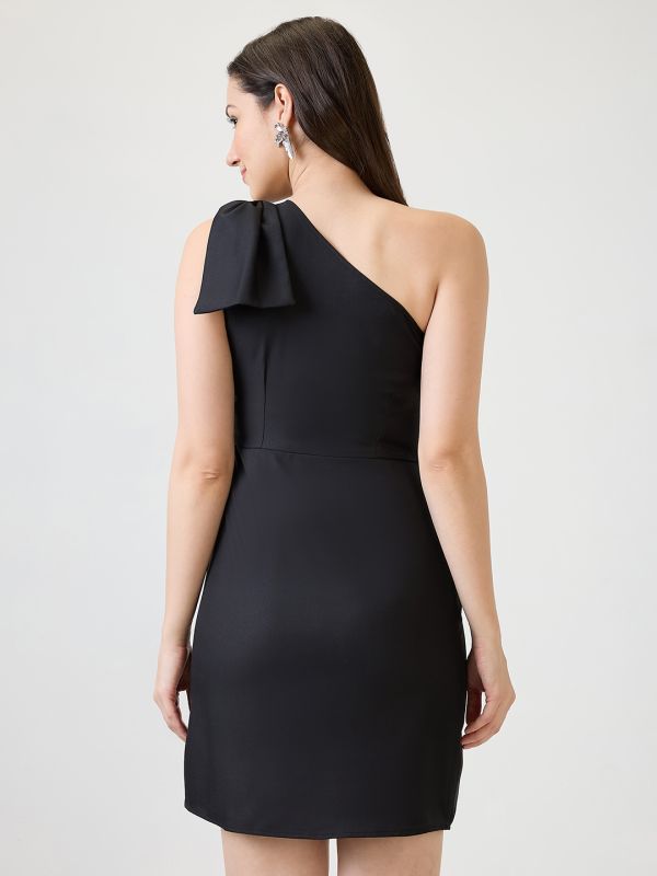 Globus Women Black One Shoulder Bow Detail Sheath Mini Party Dress