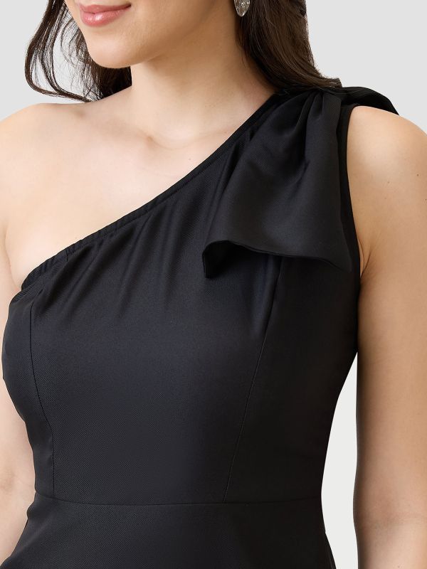 Globus Women Black One Shoulder Bow Detail Sheath Mini Party Dress