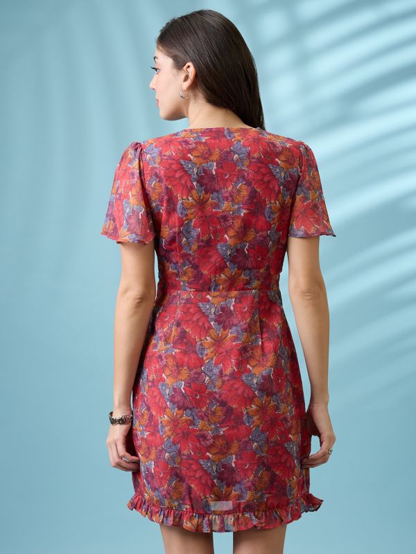 Globus Women Pink Allover Floral Printed V-Neck Flared Sleeves Frilled Hem Sheath Mini Dress