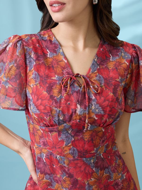 Globus Women Pink Allover Floral Printed V-Neck Flared Sleeves Frilled Hem Sheath Mini Dress