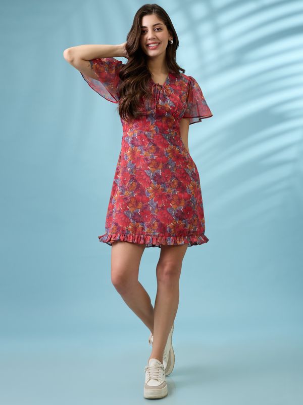 Globus Women Pink Allover Floral Printed V-Neck Flared Sleeves Frilled Hem Sheath Mini Dress