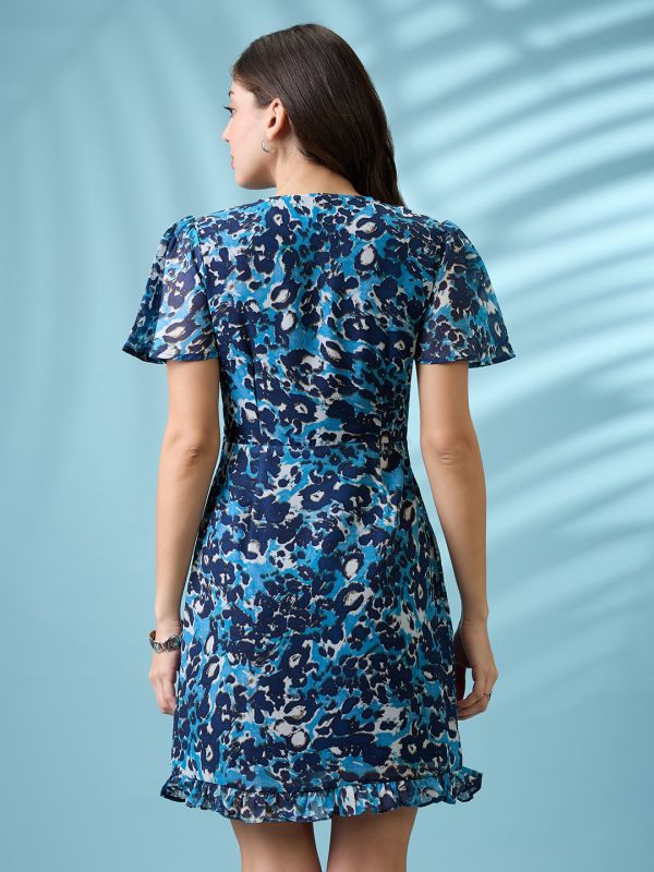 Globus Women Navy Allover Floral Printed V-Neck Flared Sleeves Frilled Hem Sheath Mini Dress