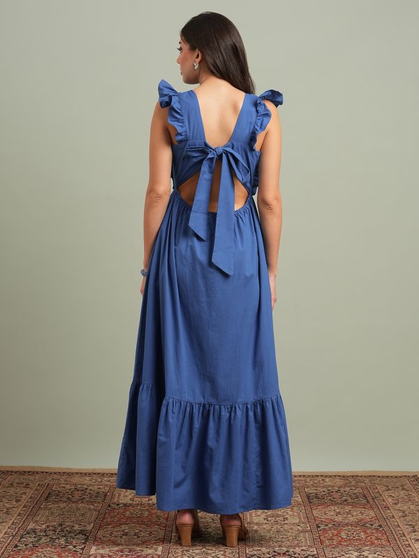 Globus Women Blue Square Neck Solid Ruffles & Tie-Up Detail Tiered Fit & Flare Maxi Resort Dress