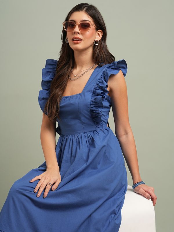 Globus Women Blue Square Neck Solid Ruffles & Tie-Up Detail Tiered Fit & Flare Maxi Resort Dress