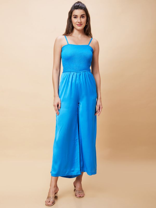 Globus Women Blue Solid Smocked Strappy Party Jumpsuit