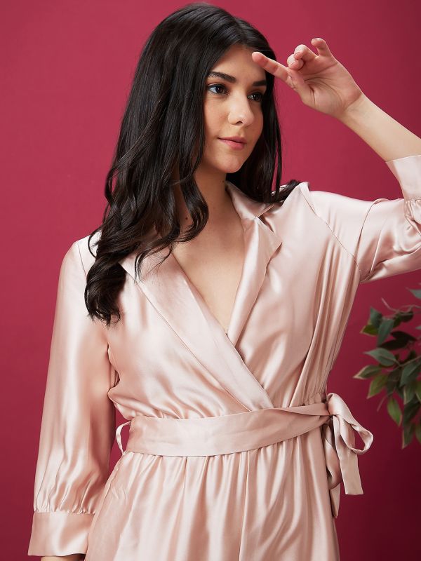 Globus Women Nude Solid Wrap Neck Notched Collar Waist Tie Up Satin Party Jumpsuit