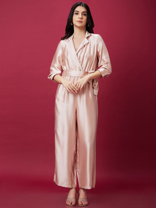 Globus Women Nude Solid Wrap Neck Notched Collar Waist Tie Up Satin Party Jumpsuit
