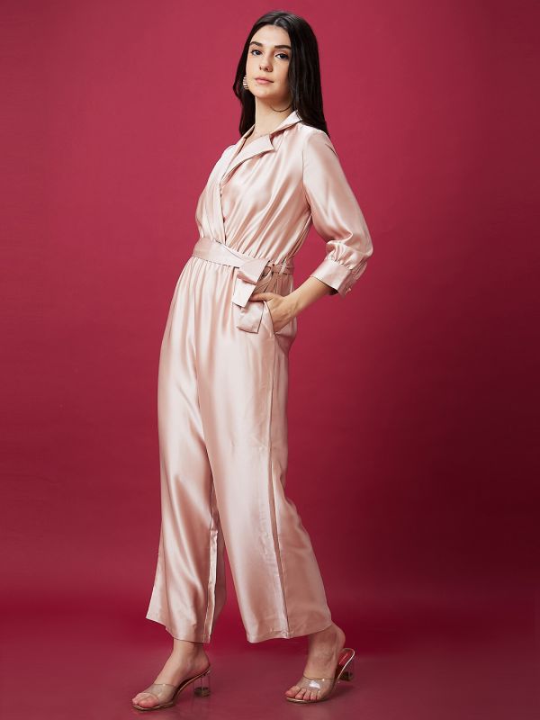 Globus Women Nude Solid Wrap Neck Notched Collar Waist Tie Up Satin Party Jumpsuit