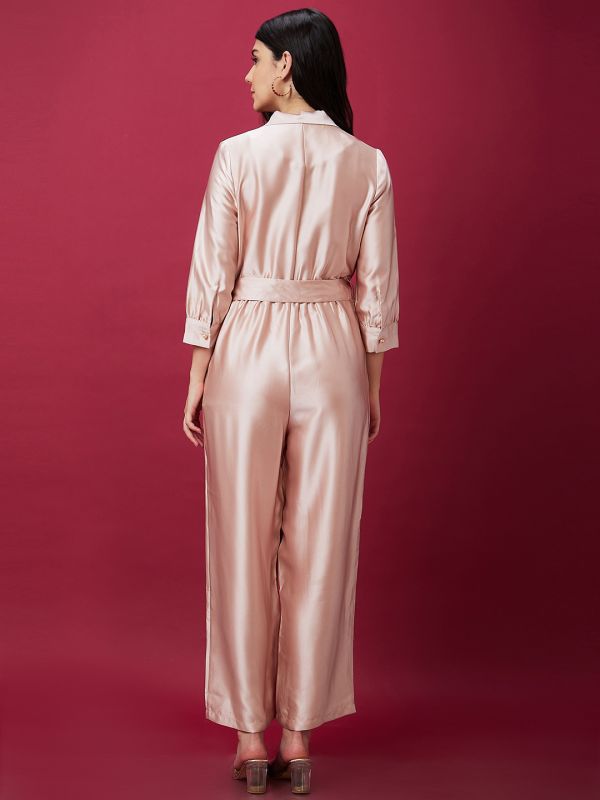 Globus Women Nude Solid Wrap Neck Notched Collar Waist Tie Up Satin Party Jumpsuit