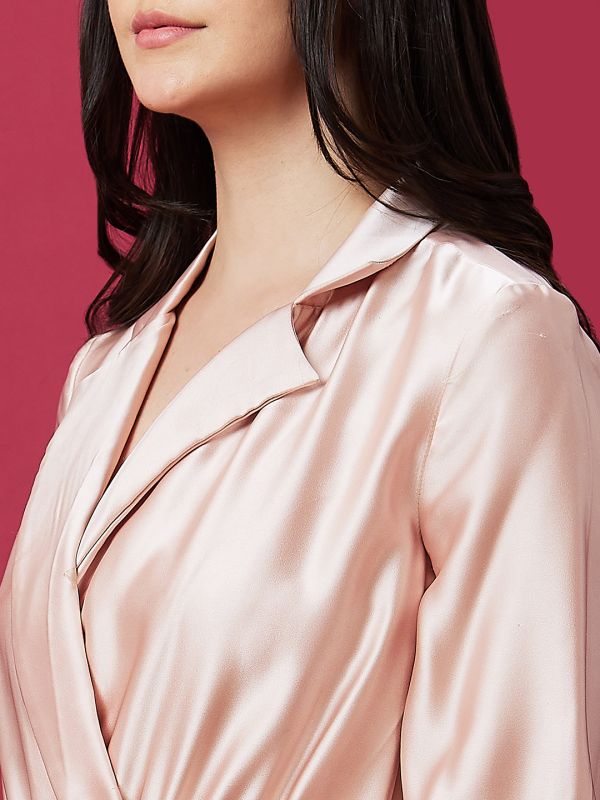 Globus Women Nude Solid Wrap Neck Notched Collar Waist Tie Up Satin Party Jumpsuit