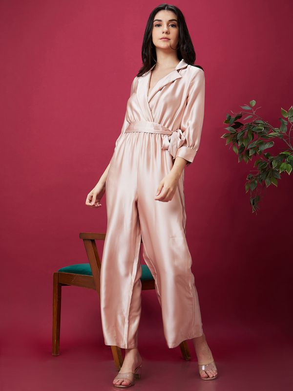 Globus Women Nude Solid Wrap Neck Notched Collar Waist Tie Up Satin Party Jumpsuit