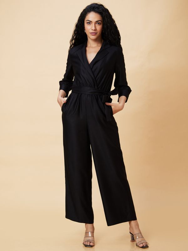 Globus Women Black Notched Lapel Cuffed Sleeves Waist Tie-Up Party Jumpsuit