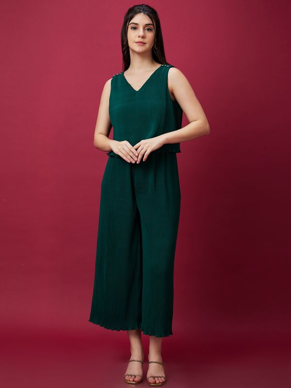Globus Women Green V-Neck Accordion Pleats Party Jumpsuit
