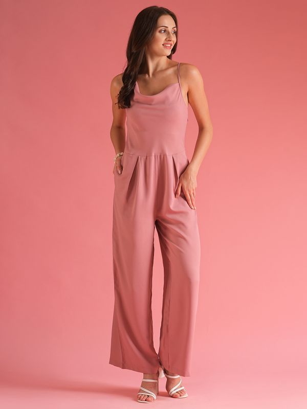 Globus Women Dusty Pink Cowl Neck Party Jumpsuit