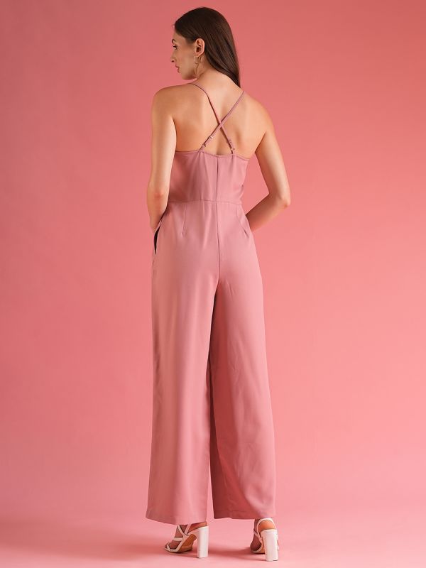 Globus Women Dusty Pink Cowl Neck Party Jumpsuit