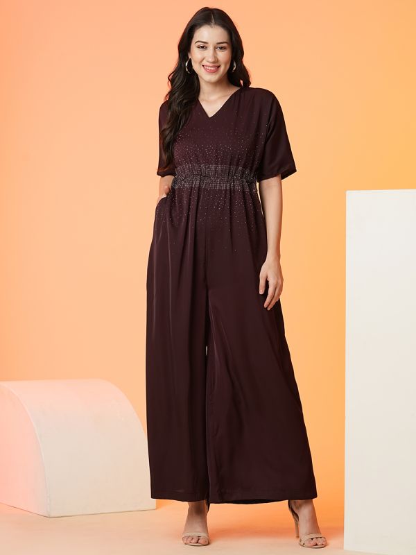 Globus Women Wine V Neck Short Sleeve Party Wear Jumpsuit.