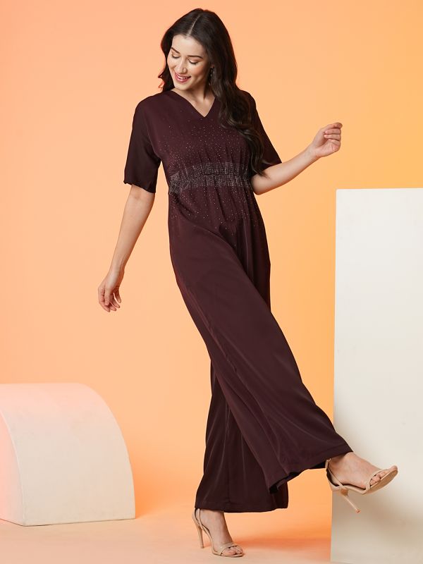 Globus Women Wine V Neck Short Sleeve Party Wear Jumpsuit.