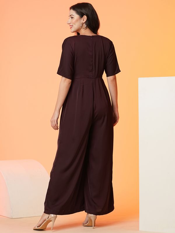 Globus Women Wine V Neck Short Sleeve Party Wear Jumpsuit.