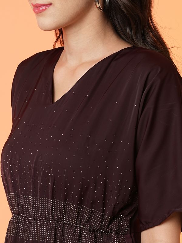Globus Women Wine V Neck Short Sleeve Party Wear Jumpsuit.