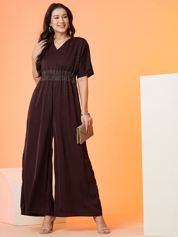 Globus Women Wine V Neck Short Sleeve Party Wear Jumpsuit.