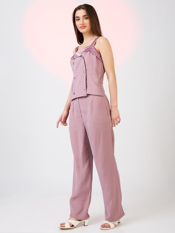 Globus Women Mauve Sweetheart Neck Strappy Shoulder Double Breasted Workwear Jumpsuit