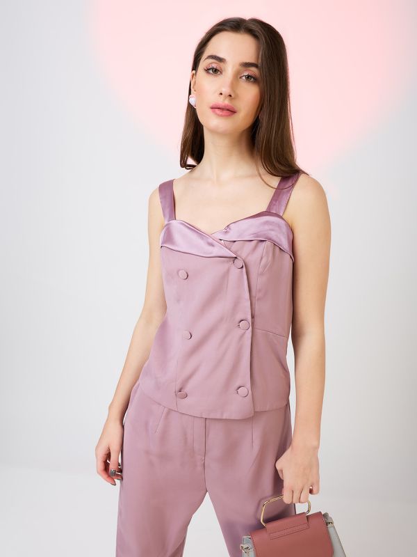 Globus Women Mauve Sweetheart Neck Strappy Shoulder Double Breasted Workwear Jumpsuit