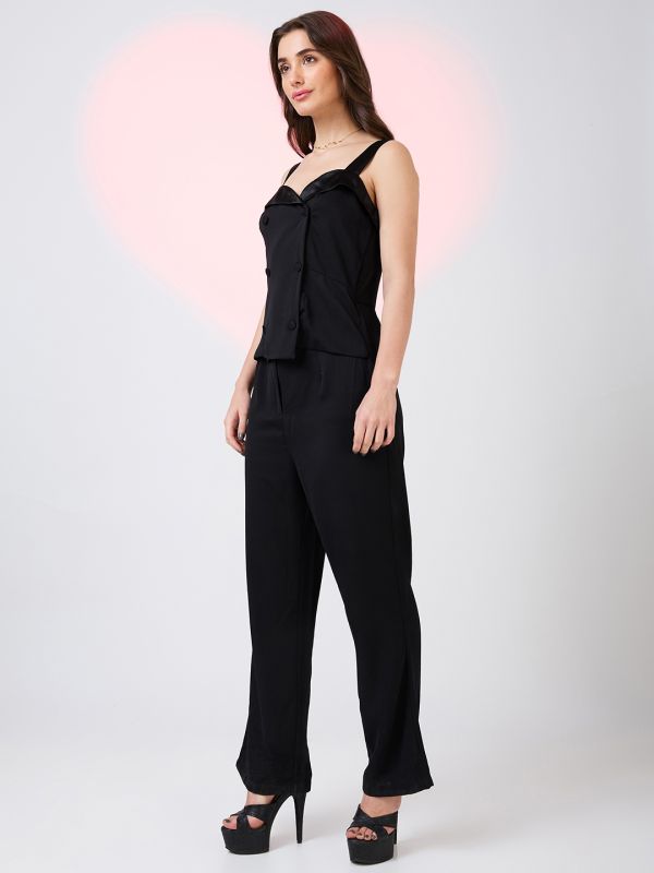 Globus Women Black Sweetheart Neck Strappy Sleeves Double Breasted Workwear Jumpsuit 