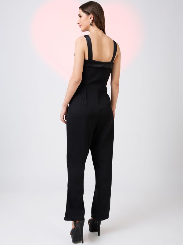 Globus Women Black Sweetheart Neck Strappy Sleeves Double Breasted Workwear Jumpsuit 