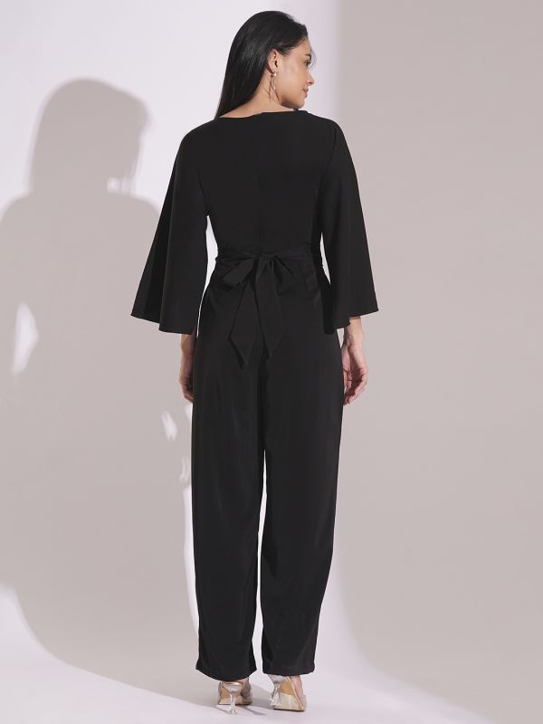 Globus Women Black Boat Neck Cape Sleeves Criss Cross Waist Tie-Up Detail Satin Party Jumpsuit