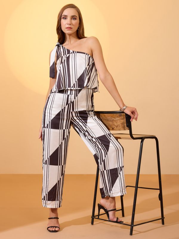 Globus Women Multi White Tie-Up One Shoulder Abstract Print Wide Leg Party Jumpsuit