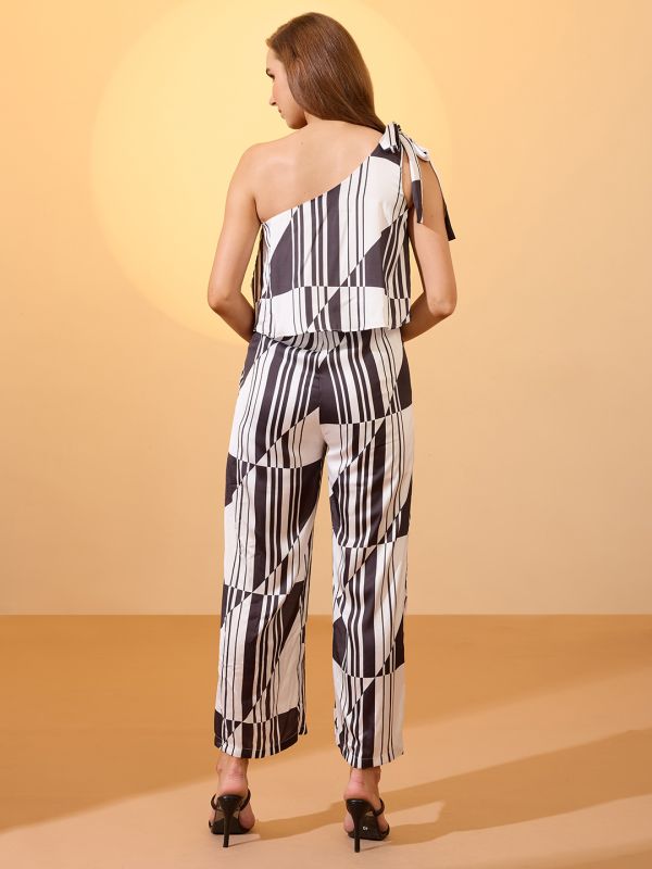 Globus Women Multi White Tie-Up One Shoulder Abstract Print Wide Leg Party Jumpsuit