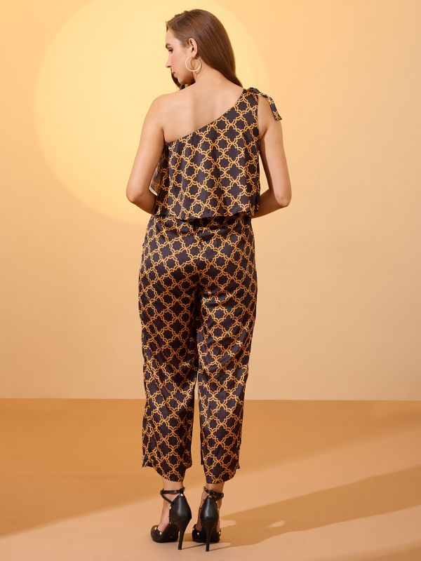 Globus Women Black Tie-Up One Shoulder Abstract Print Wide Leg Party Jumpsuit