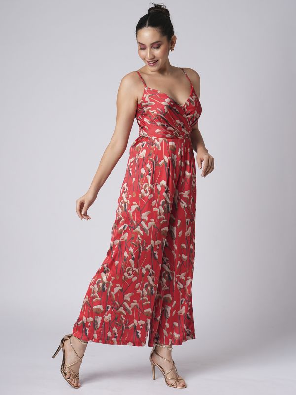 Globus Women Red Sweetheart Neck Strappy Shoulder Floral Print Satin Wide Leg Party Jumpsuit