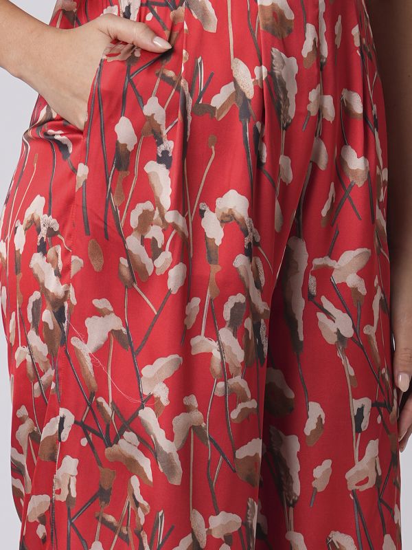 Globus Women Red Sweetheart Neck Strappy Shoulder Floral Print Satin Wide Leg Party Jumpsuit