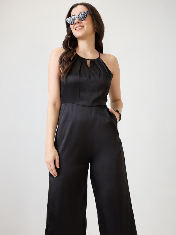 Globus Women Black Satin Halter Neck Wide Leg Party Jumpsuit