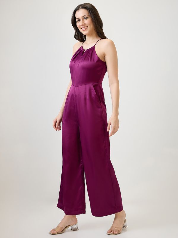 Globus Women Burgundy Satin Halter Neck Wide Leg Party Jumpsuit