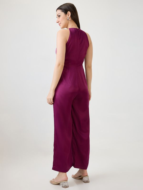 Globus Women Burgundy Satin Halter Neck Wide Leg Party Jumpsuit