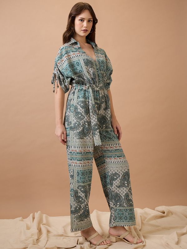 Globus Women Green Collared Neck Ruched Extended Sleeves Waist Tie-Ups Long Line Fusion Jumpsuit