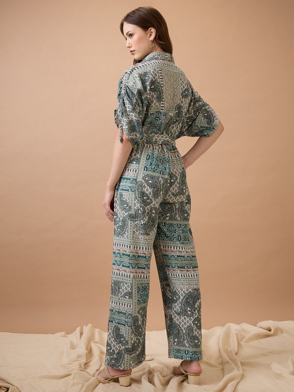 Globus Women Green Collared Neck Ruched Extended Sleeves Waist Tie-Ups Long Line Fusion Jumpsuit