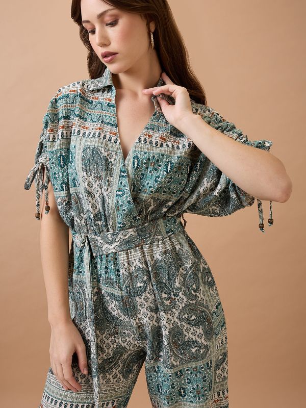 Globus Women Green Collared Neck Ruched Extended Sleeves Waist Tie-Ups Long Line Fusion Jumpsuit
