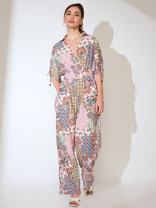 Globus Women Multi Pink Shirt Collar Ruched Sleeves Ethnic Motifs Print Belted Fusion Jumpsuit