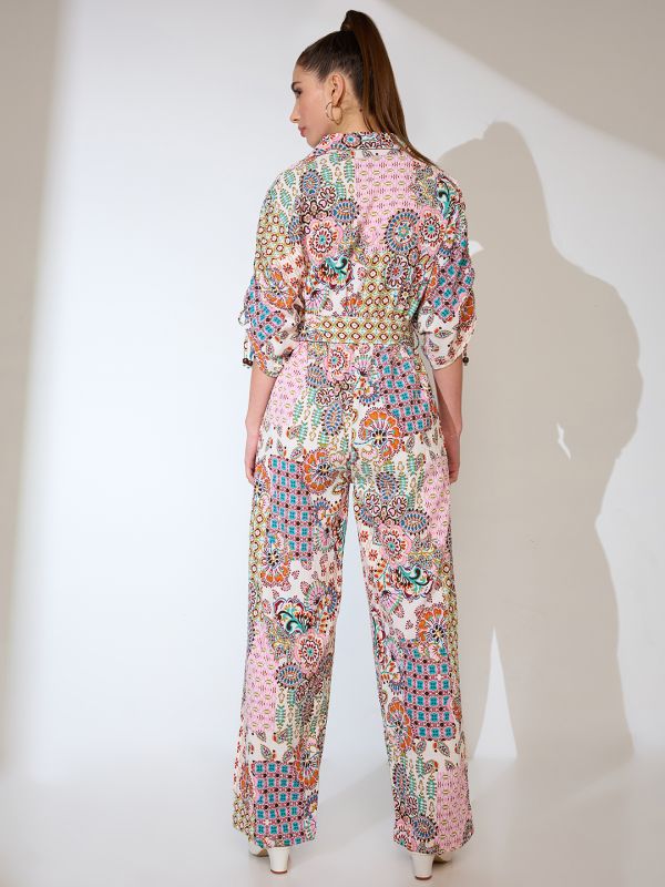 Globus Women Multi Pink Shirt Collar Ruched Sleeves Ethnic Motifs Print Belted Fusion Jumpsuit