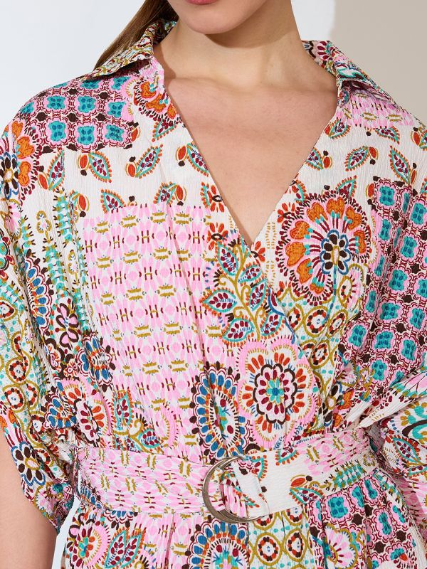 Globus Women Multi Pink Shirt Collar Ruched Sleeves Ethnic Motifs Print Belted Fusion Jumpsuit