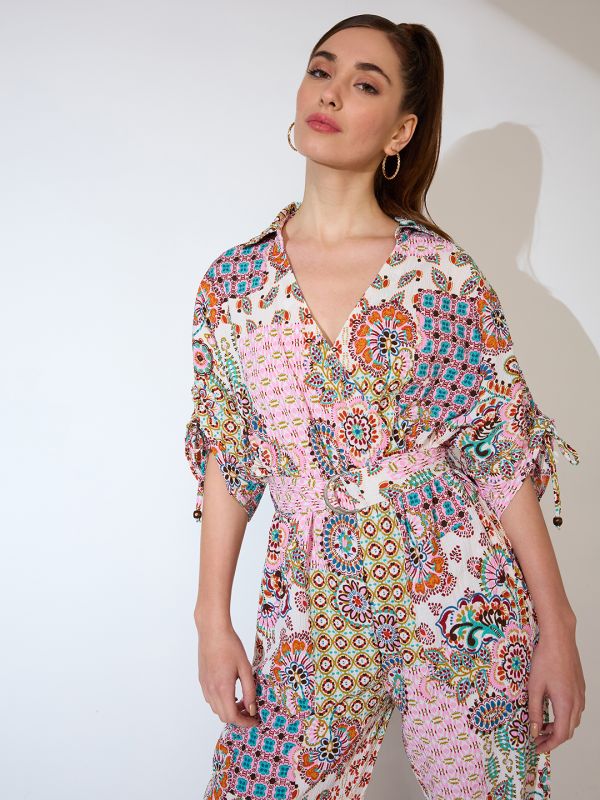 Globus Women Multi Pink Shirt Collar Ruched Sleeves Ethnic Motifs Print Belted Fusion Jumpsuit