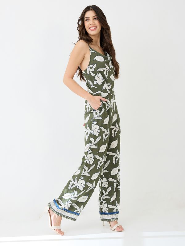 Globus Women Green Tropical Printed Cowl Neck Shoulder Strap Longline Party Jumpsuit