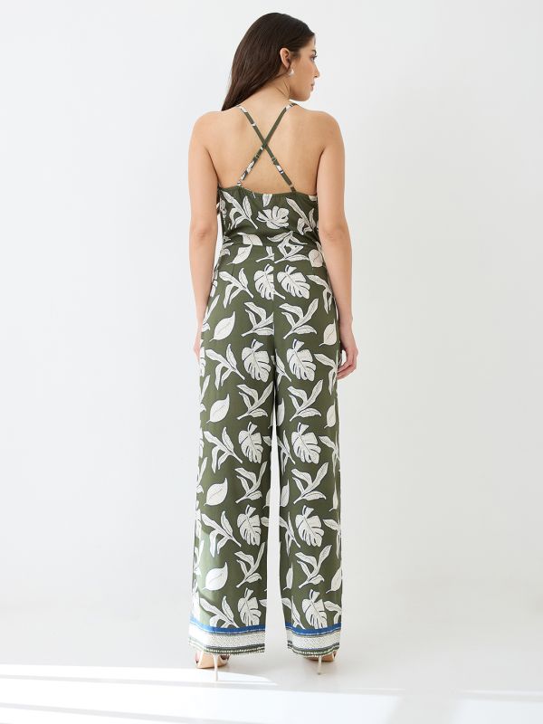 Globus Women Green Tropical Printed Cowl Neck Shoulder Strap Longline Party Jumpsuit