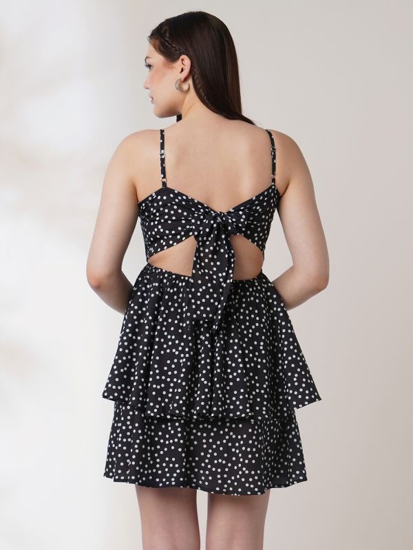 Globus Women Black Polka Print Square Neck Strappy Shoulder Back Tie-Up Mini Party Wear Playsuit
