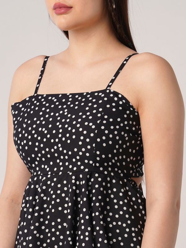 Globus Women Black Polka Print Square Neck Strappy Shoulder Back Tie-Up Mini Party Wear Playsuit