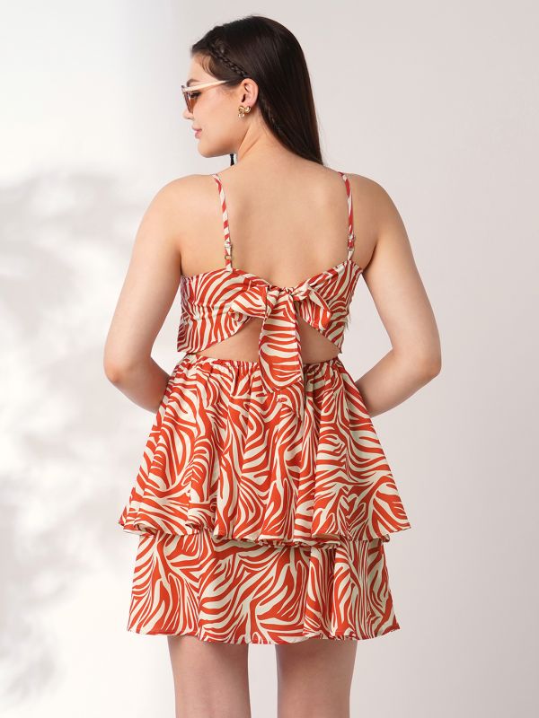 Globus Women Rust Abstract Print Square Neck Strappy Shoulder Back Tie-Up Mini Party Wear Playsuit